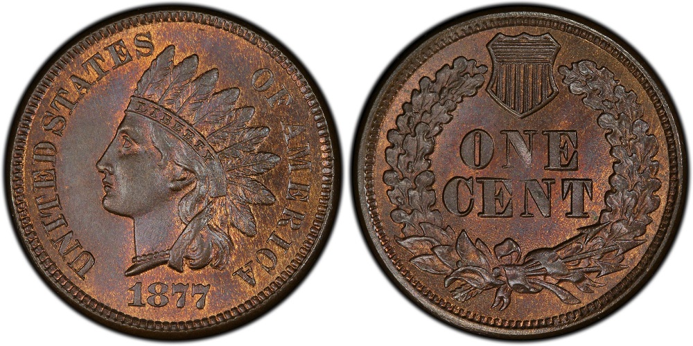 1877 Indian Head penny strike-through error showing design void caused by debris between die and planchet during striking