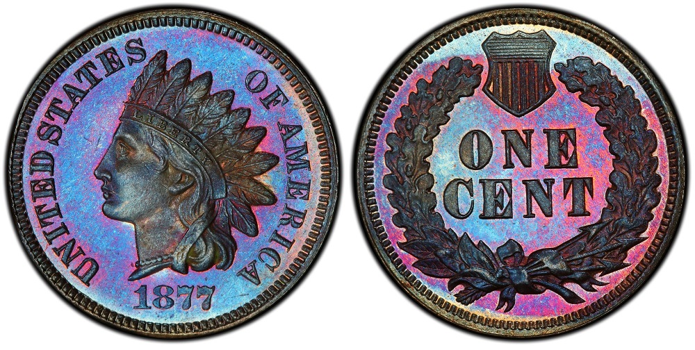 1877 Indian Head penny proof coin showing mirror fields, frosted portrait devices, and Bold N reverse lettering