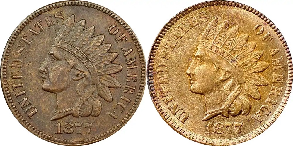 Grading strip showing 1877 Indian Head pennies in four condition tiers from Good through Uncirculated